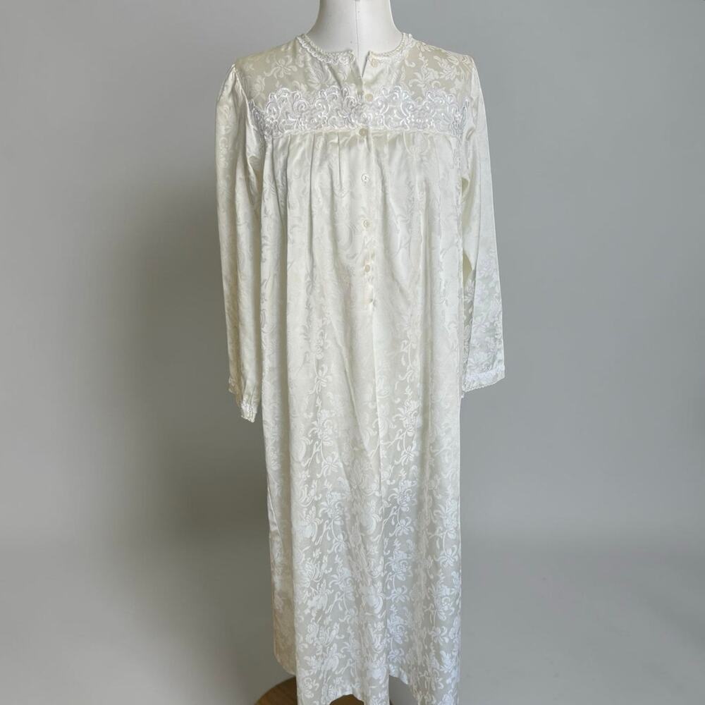 Vintage Oscar de la Renta Ivory Damask Satin Nightgown Women’s Small Cottagecore
